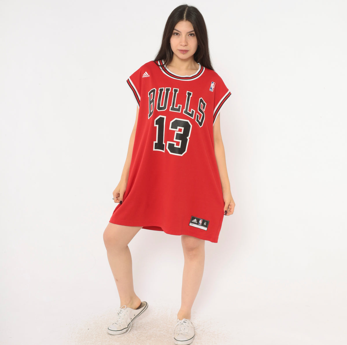 Y2K Chicago Bulls Jersey Adidas Red NBA Basketball Tank Top Noah 13 Sleeveless Boxy Long Crew Neck White Black Stripe Trim Graphic Sports Fan Unisex Extra Large XL