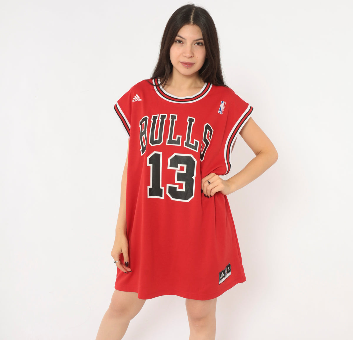Y2K Chicago Bulls Jersey Adidas Red NBA Basketball Tank Top Noah 13 Sleeveless Boxy Long Crew Neck White Black Stripe Trim Graphic Sports Fan Unisex Extra Large XL
