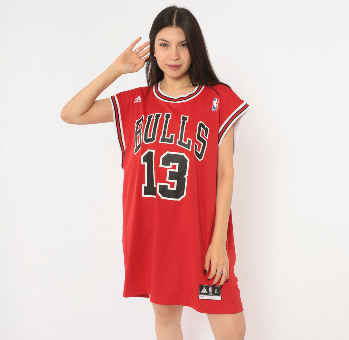 Y2K Chicago Bulls Jersey Adidas Red NBA Basketball Tank Top Noah 13 Sleeveless Boxy Long Crew Neck White Black Stripe Trim Graphic Sports Fan Unisex Extra Large XL