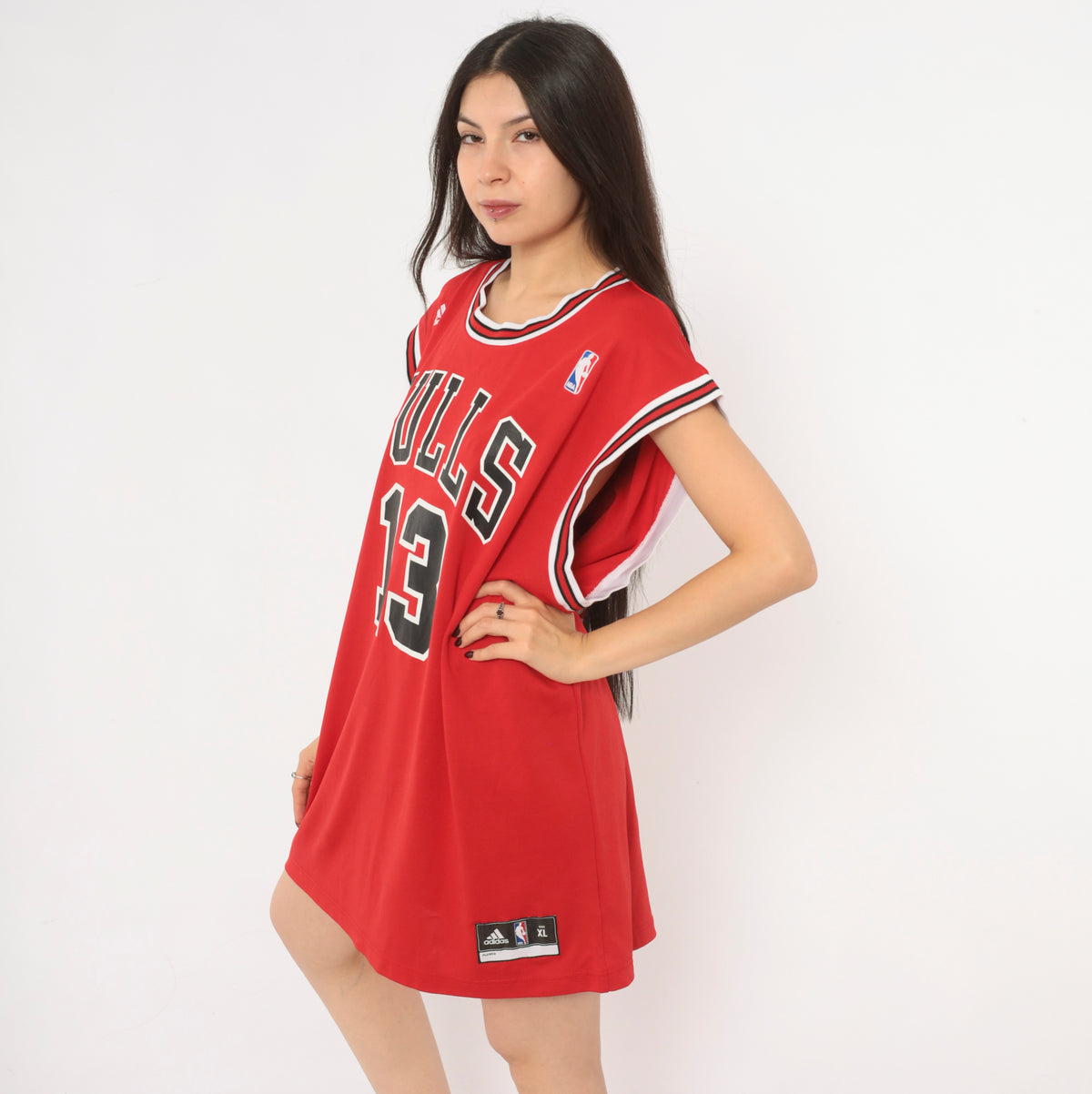 Y2K Chicago Bulls Jersey Adidas Red NBA Basketball Tank Top Noah 13 Sleeveless Boxy Long Crew Neck White Black Stripe Trim Graphic Sports Fan Unisex Extra Large XL