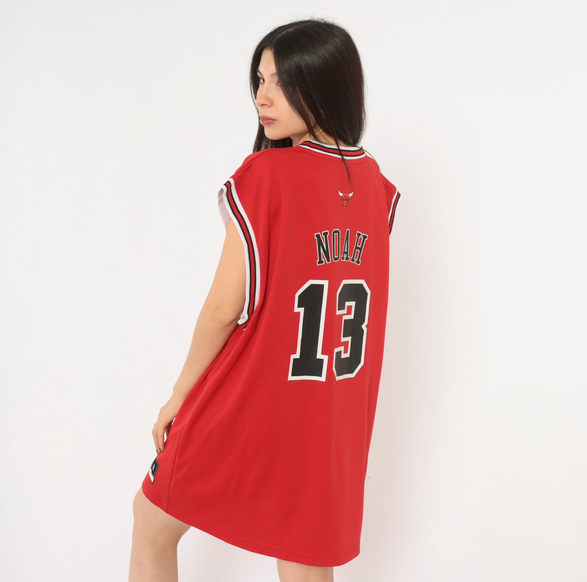 Y2K Chicago Bulls Jersey Adidas Red NBA Basketball Tank Top Noah 13 Sleeveless Boxy Long Crew Neck White Black Stripe Trim Graphic Sports Fan Unisex Extra Large XL
