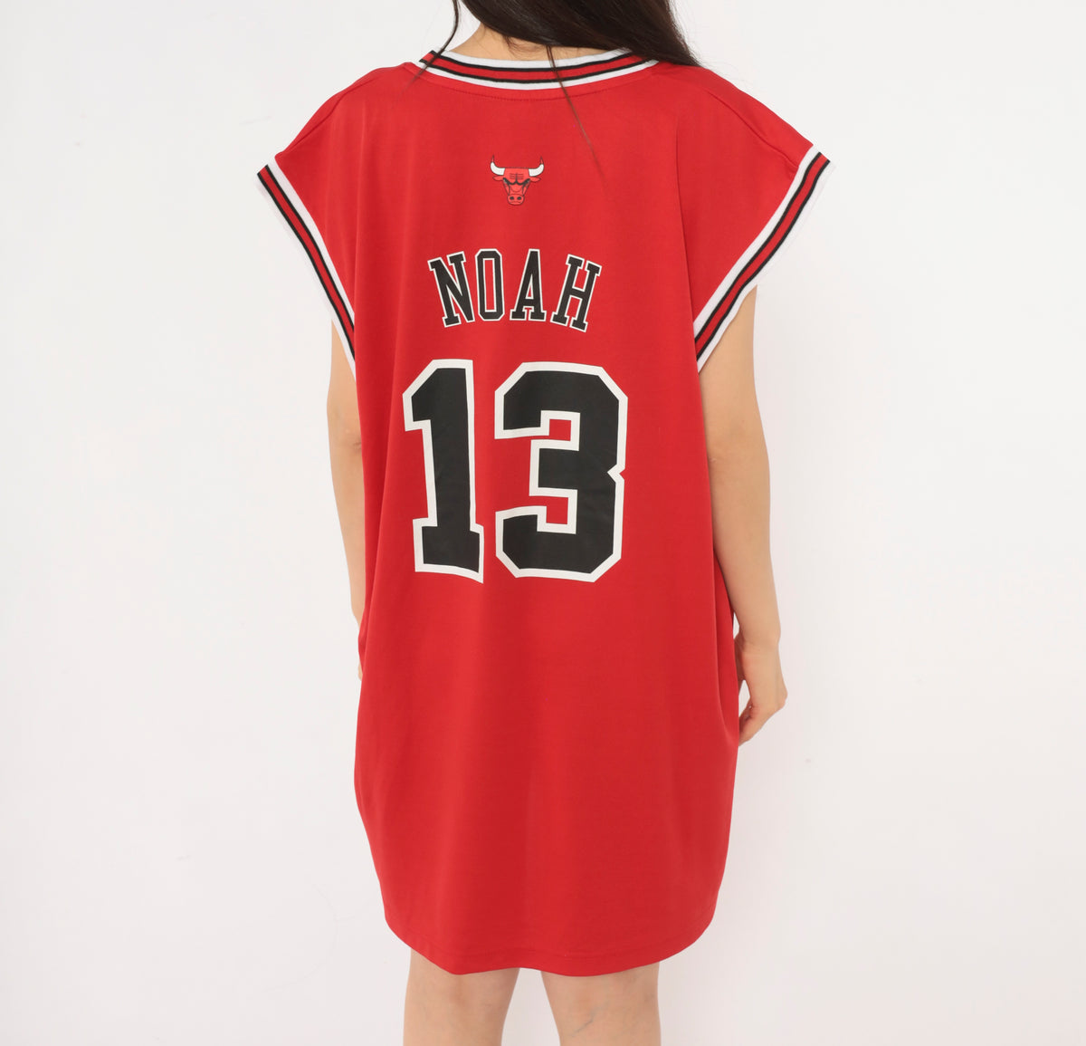 Y2K Chicago Bulls Jersey Adidas Red NBA Basketball Tank Top Noah 13 Sleeveless Boxy Long Crew Neck White Black Stripe Trim Graphic Sports Fan Unisex Extra Large XL