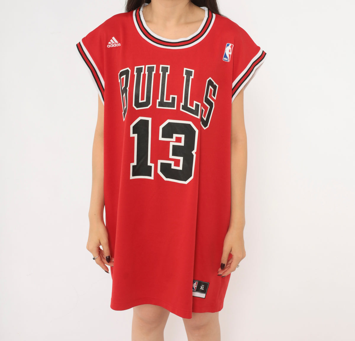 Y2K Chicago Bulls Jersey Adidas Red NBA Basketball Tank Top Noah 13 Sleeveless Boxy Long Crew Neck White Black Stripe Trim Graphic Sports Fan Unisex Extra Large XL