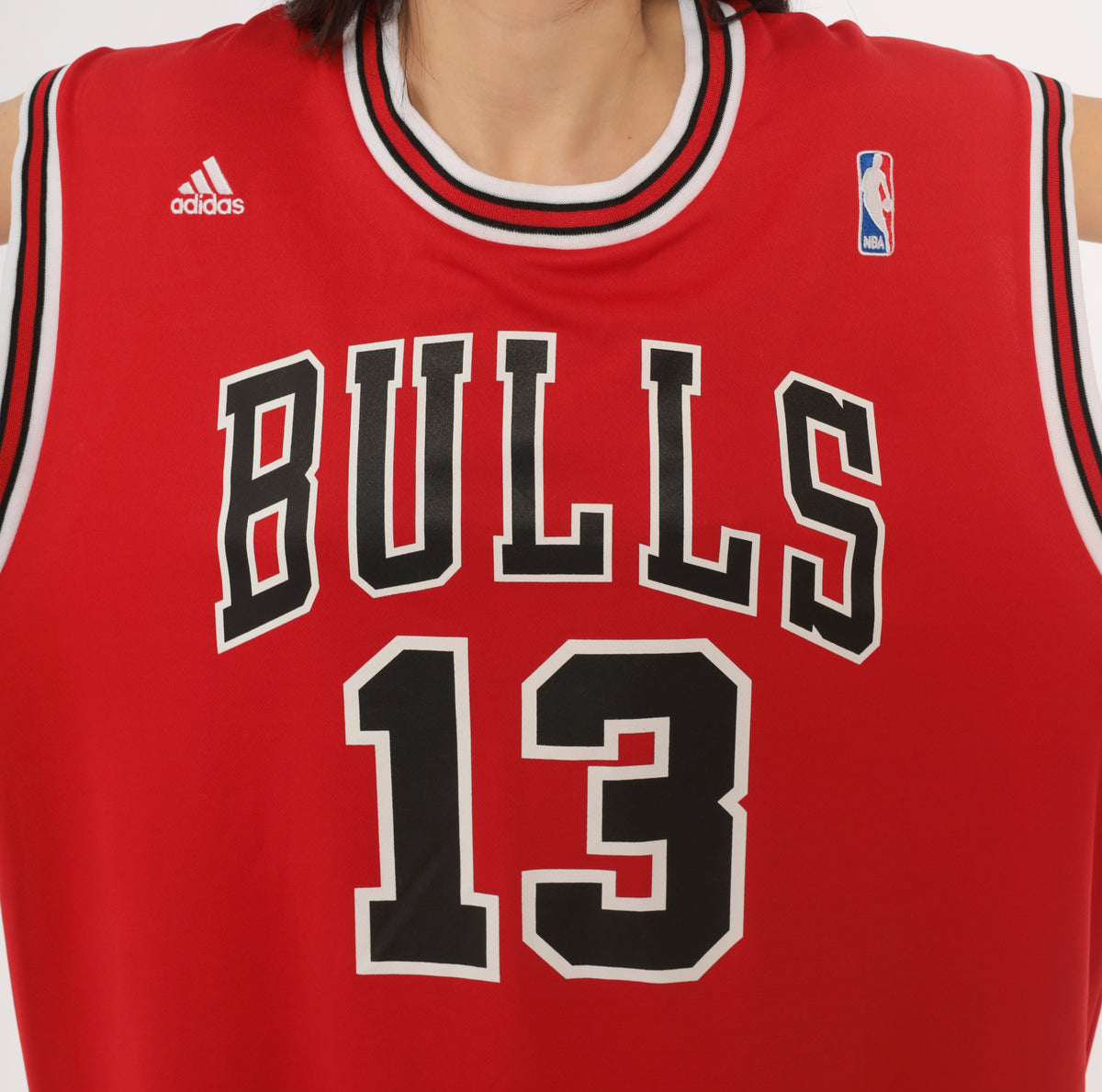 Y2K Chicago Bulls Jersey Adidas Red NBA Basketball Tank Top Noah 13 Sleeveless Boxy Long Crew Neck White Black Stripe Trim Graphic Sports Fan Unisex Extra Large XL