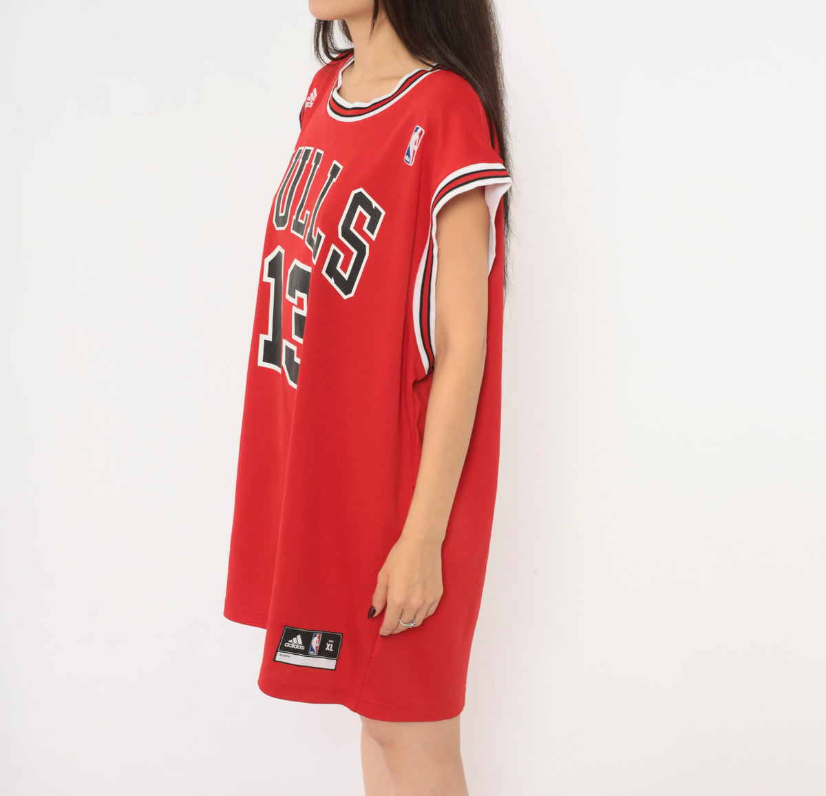 Y2K Chicago Bulls Jersey Adidas Red NBA Basketball Tank Top Noah 13 Sleeveless Boxy Long Crew Neck White Black Stripe Trim Graphic Sports Fan Unisex Extra Large XL