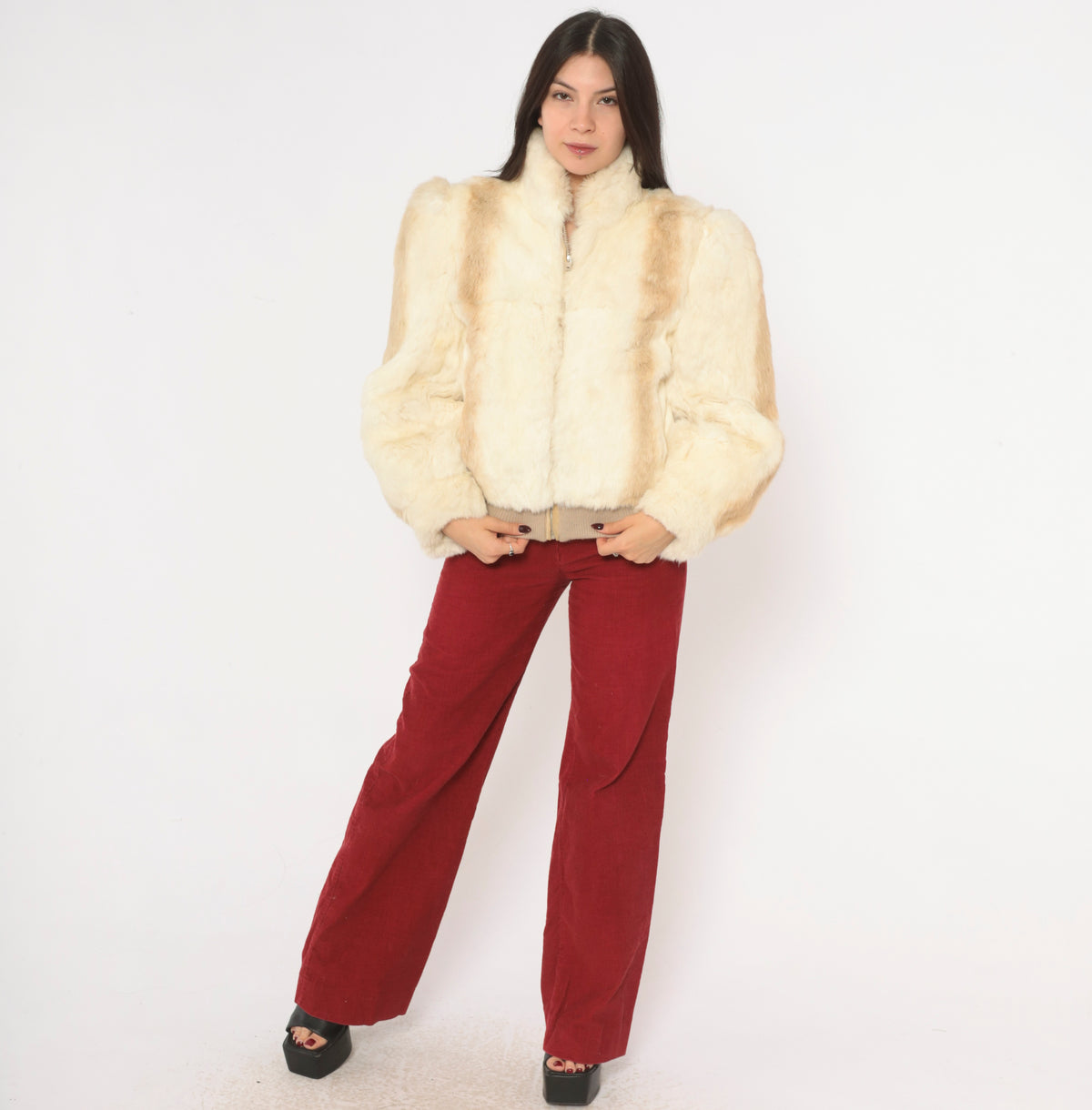 80s Cream Rabbit Fur Bomber Jacket Puff Shoulder Zip Front Tan Cropped Coat Stand Collar Long Sleeve Mob Wife Side Pockets Winter Glam Party Vintage Womens Small S