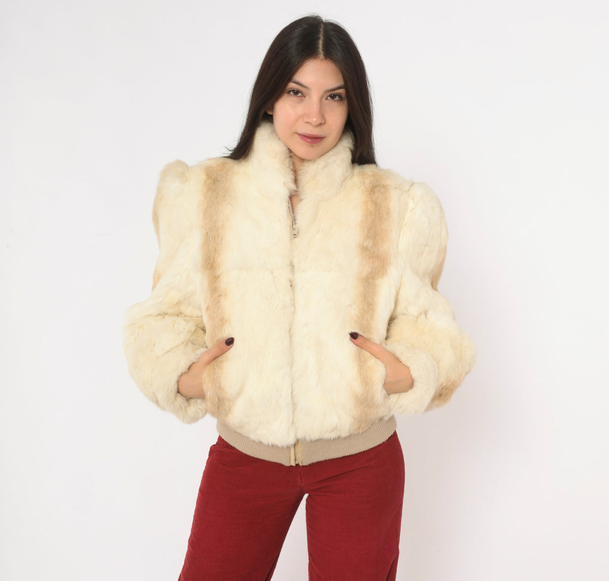 80s Cream Rabbit Fur Bomber Jacket Puff Shoulder Zip Front Tan Cropped Coat Stand Collar Long Sleeve Mob Wife Side Pockets Winter Glam Party Vintage Womens Small S