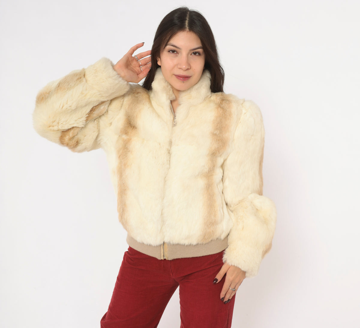 80s Cream Rabbit Fur Bomber Jacket Puff Shoulder Zip Front Tan Cropped Coat Stand Collar Long Sleeve Mob Wife Side Pockets Winter Glam Party Vintage Womens Small S