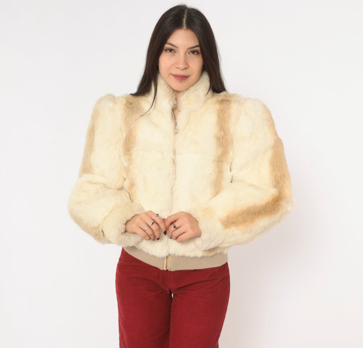 80s Cream Rabbit Fur Bomber Jacket Puff Shoulder Zip Front Tan Cropped Coat Stand Collar Long Sleeve Mob Wife Side Pockets Winter Glam Party Vintage Womens Small S