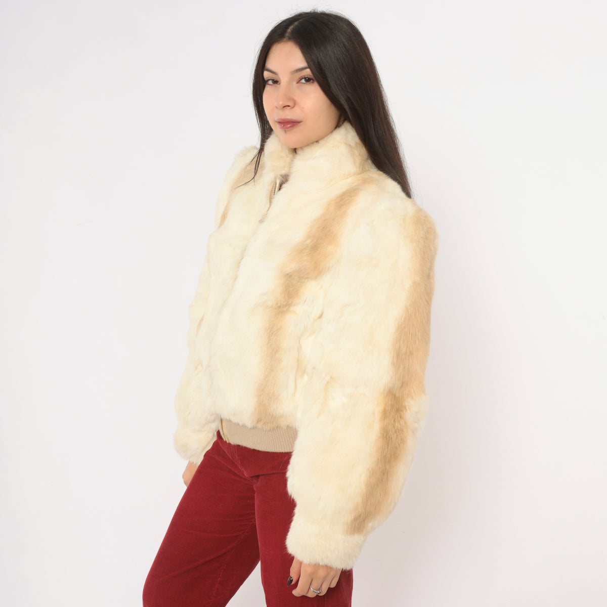 80s Cream Rabbit Fur Bomber Jacket Puff Shoulder Zip Front Tan Cropped Coat Stand Collar Long Sleeve Mob Wife Side Pockets Winter Glam Party Vintage Womens Small S