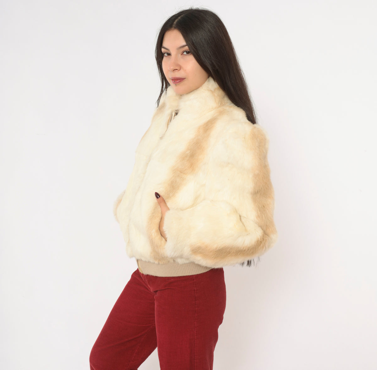 80s Cream Rabbit Fur Bomber Jacket Puff Shoulder Zip Front Tan Cropped Coat Stand Collar Long Sleeve Mob Wife Side Pockets Winter Glam Party Vintage Womens Small S