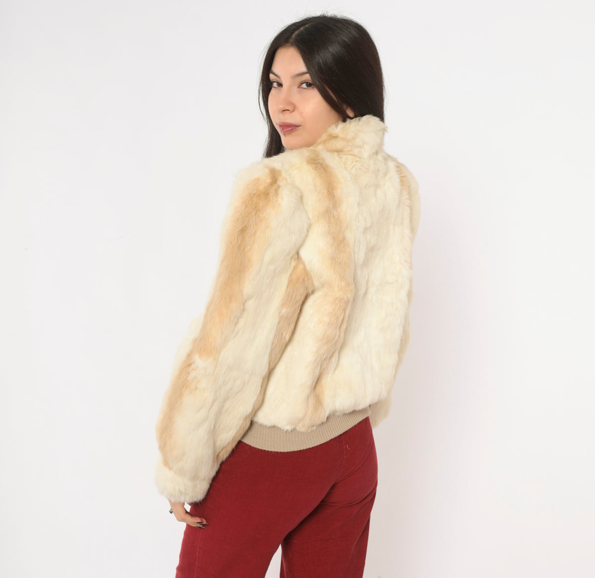 80s Cream Rabbit Fur Bomber Jacket Puff Shoulder Zip Front Tan Cropped Coat Stand Collar Long Sleeve Mob Wife Side Pockets Winter Glam Party Vintage Womens Small S