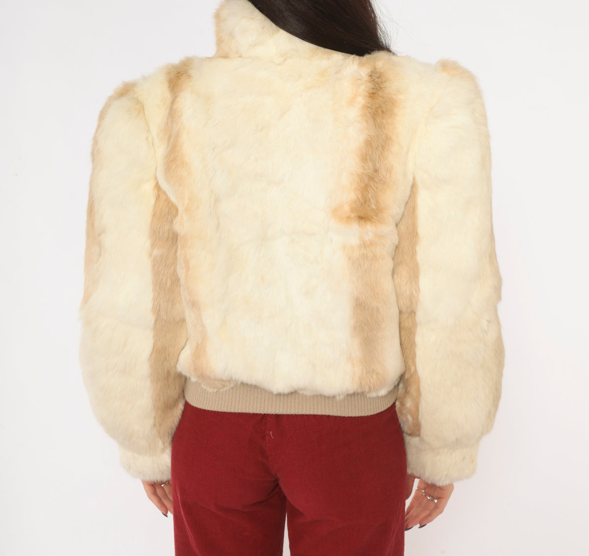 80s Cream Rabbit Fur Bomber Jacket Puff Shoulder Zip Front Tan Cropped Coat Stand Collar Long Sleeve Mob Wife Side Pockets Winter Glam Party Vintage Womens Small S