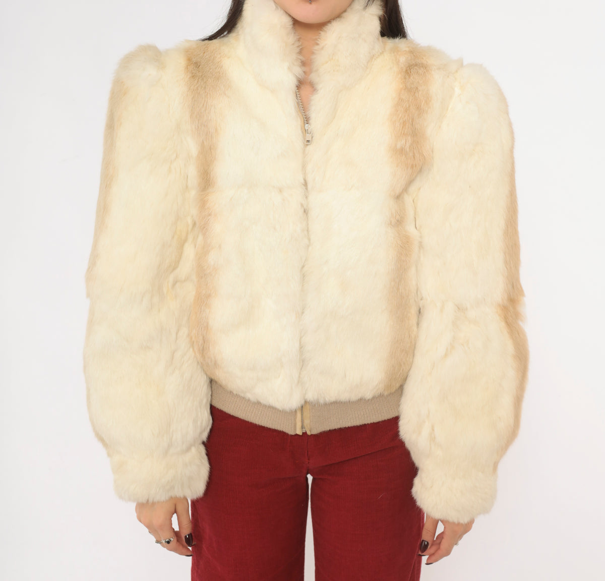 80s Cream Rabbit Fur Bomber Jacket Puff Shoulder Zip Front Tan Cropped Coat Stand Collar Long Sleeve Mob Wife Side Pockets Winter Glam Party Vintage Womens Small S