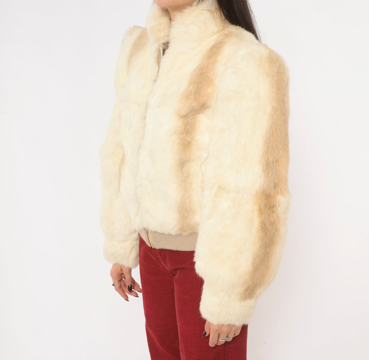 80s Cream Rabbit Fur Bomber Jacket Puff Shoulder Zip Front Tan Cropped Coat Stand Collar Long Sleeve Mob Wife Side Pockets Winter Glam Party Vintage Womens Small S