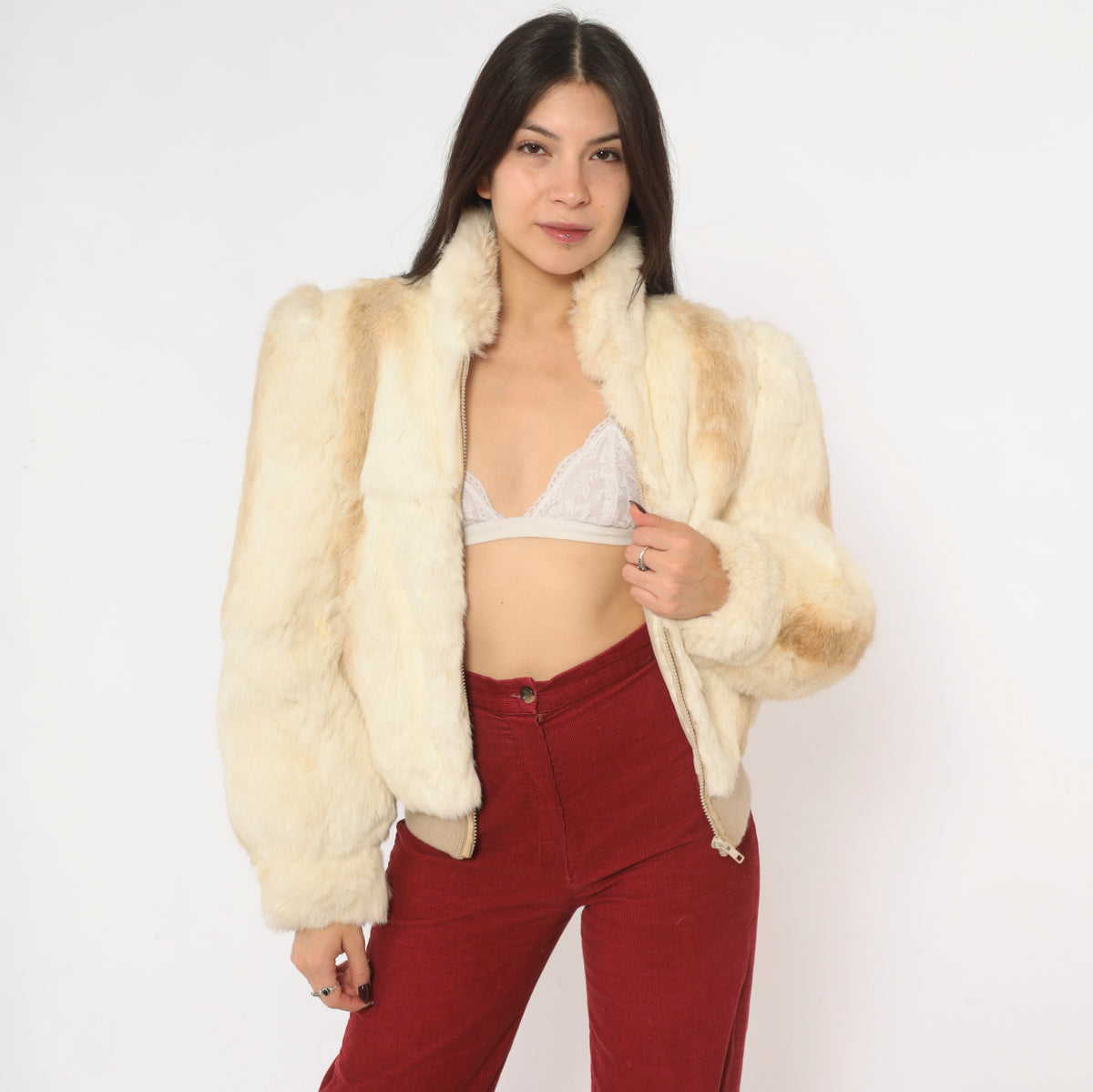 80s Cream Rabbit Fur Bomber Jacket Puff Shoulder Zip Front Tan Cropped Coat Stand Collar Long Sleeve Mob Wife Side Pockets Winter Glam Party Vintage Womens Small S