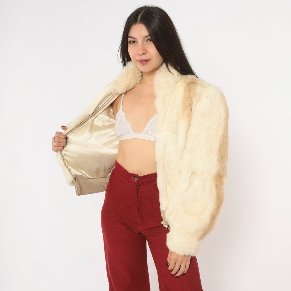 80s Cream Rabbit Fur Bomber Jacket Puff Shoulder Zip Front Tan Cropped Coat Stand Collar Long Sleeve Mob Wife Side Pockets Winter Glam Party Vintage Womens Small S