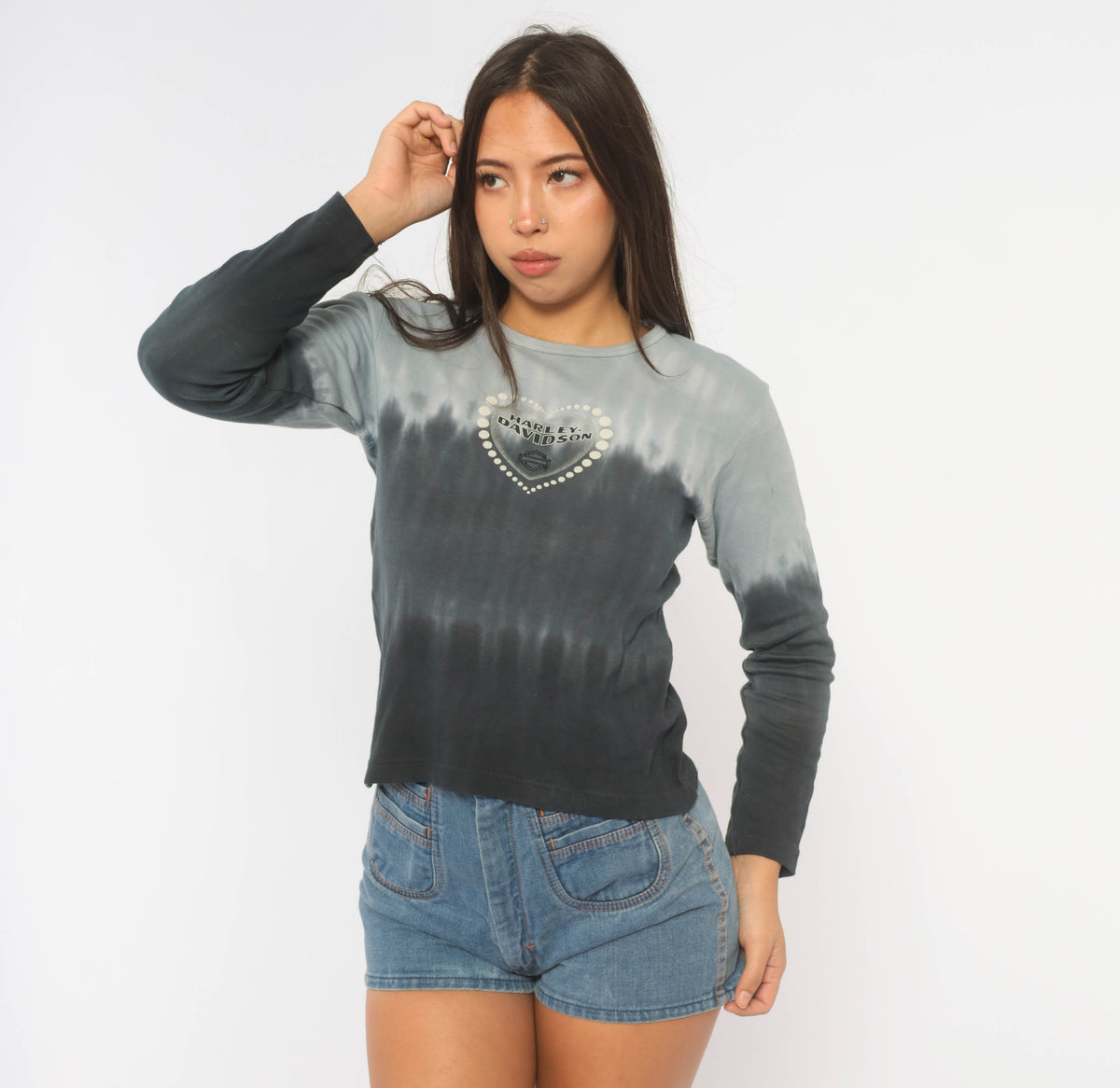 Harley Davidson Top Y2K Tie Dye Ombre Blue Navy Gray Cotton Long Sleeve Crop Shirt Heart Graphic Biker Motorcycle Crew Neck Grunge Rocker Fitted Womens Medium M