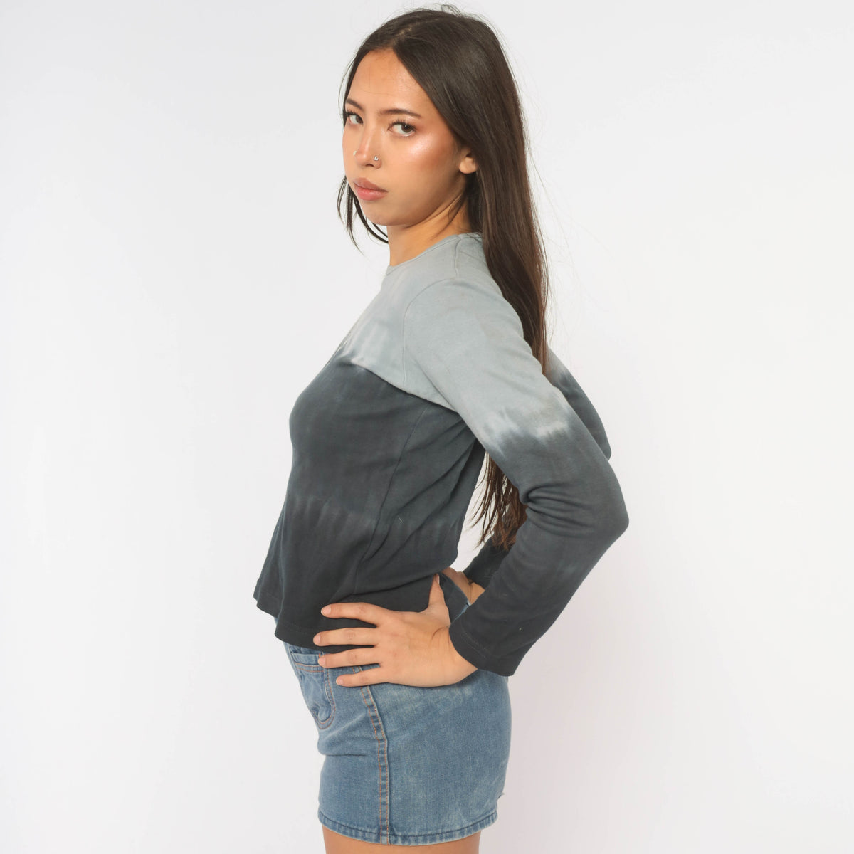 Harley Davidson Top Y2K Tie Dye Ombre Blue Navy Gray Cotton Long Sleeve Crop Shirt Heart Graphic Biker Motorcycle Crew Neck Grunge Rocker Fitted Womens Medium M
