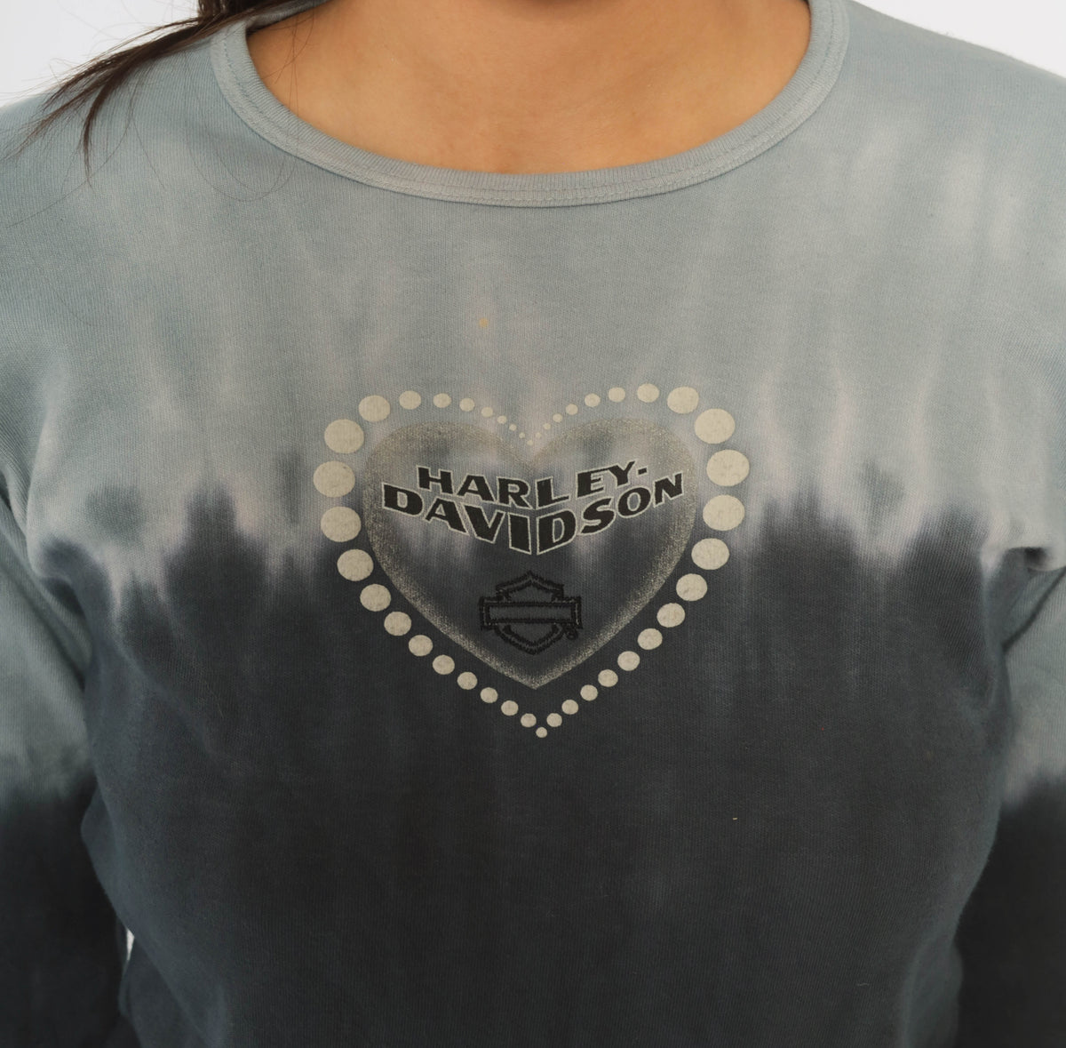 Harley Davidson Top Y2K Tie Dye Ombre Blue Navy Gray Cotton Long Sleeve Crop Shirt Heart Graphic Biker Motorcycle Crew Neck Grunge Rocker Fitted Womens Medium M
