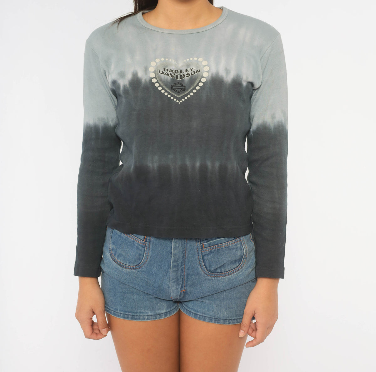 Harley Davidson Top Y2K Tie Dye Ombre Blue Navy Gray Cotton Long Sleeve Crop Shirt Heart Graphic Biker Motorcycle Crew Neck Grunge Rocker Fitted Womens Medium M