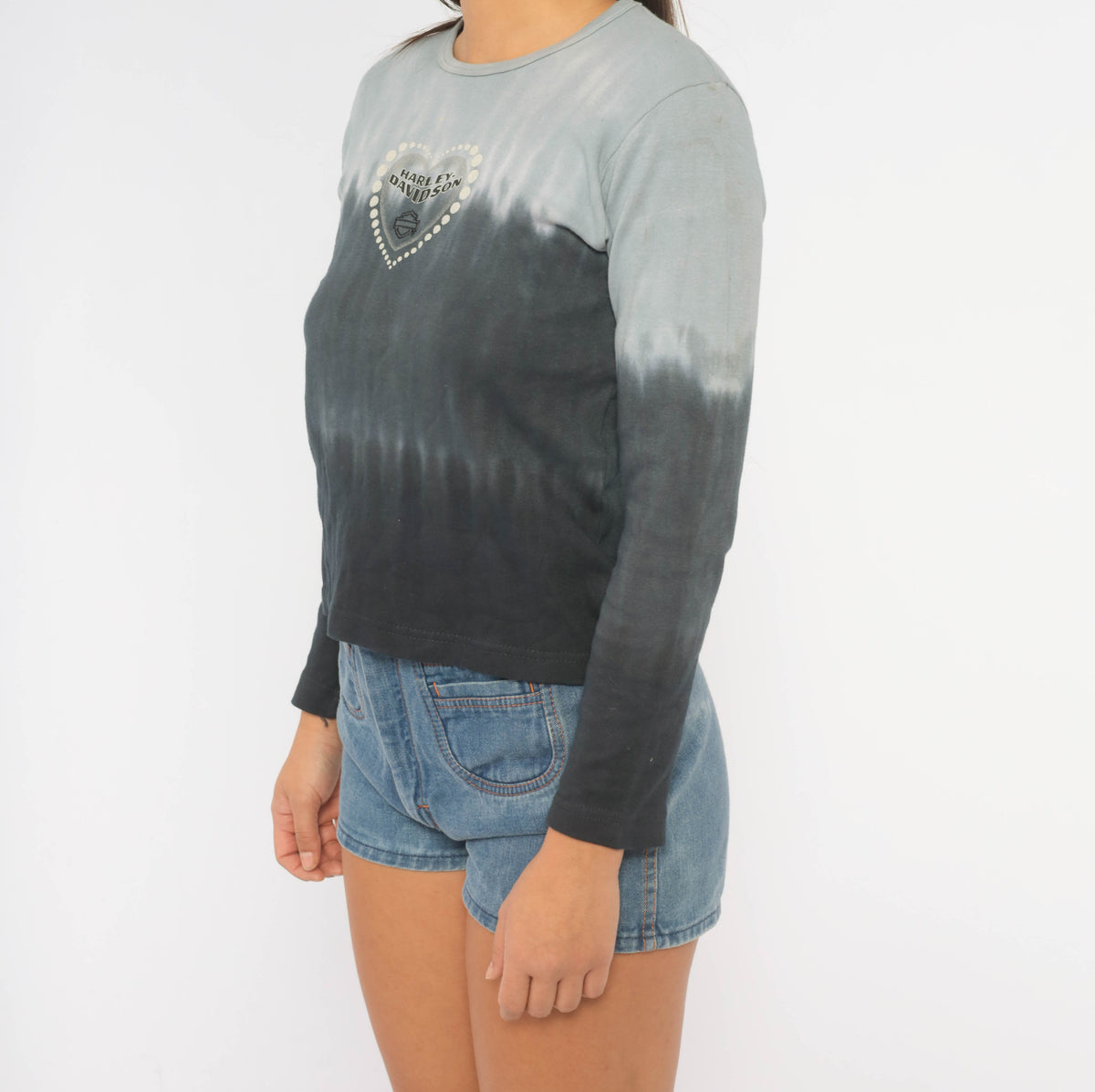 Harley Davidson Top Y2K Tie Dye Ombre Blue Navy Gray Cotton Long Sleeve Crop Shirt Heart Graphic Biker Motorcycle Crew Neck Grunge Rocker Fitted Womens Medium M