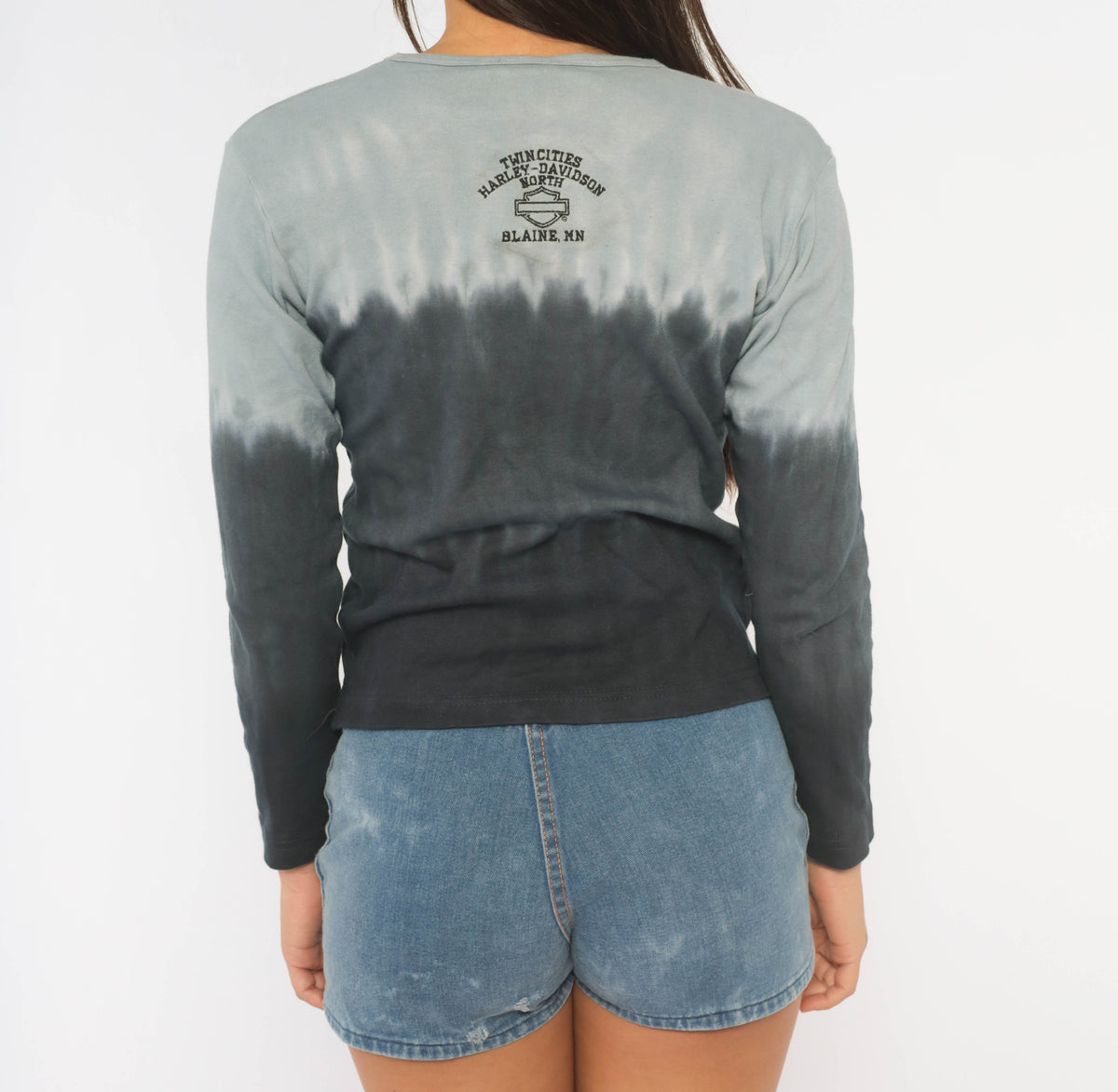Harley Davidson Top Y2K Tie Dye Ombre Blue Navy Gray Cotton Long Sleeve Crop Shirt Heart Graphic Biker Motorcycle Crew Neck Grunge Rocker Fitted Womens Medium M