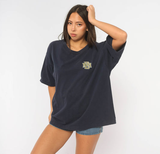 90s Milwaukee Brewers Tee Navy Blue Cotton MLB Baseball Shirt Nutmeg Embroidered Logo Short Sleeve Crew Neck Boxy Loose Fit Sports Fan Graphic Top Mens Extra Large XL