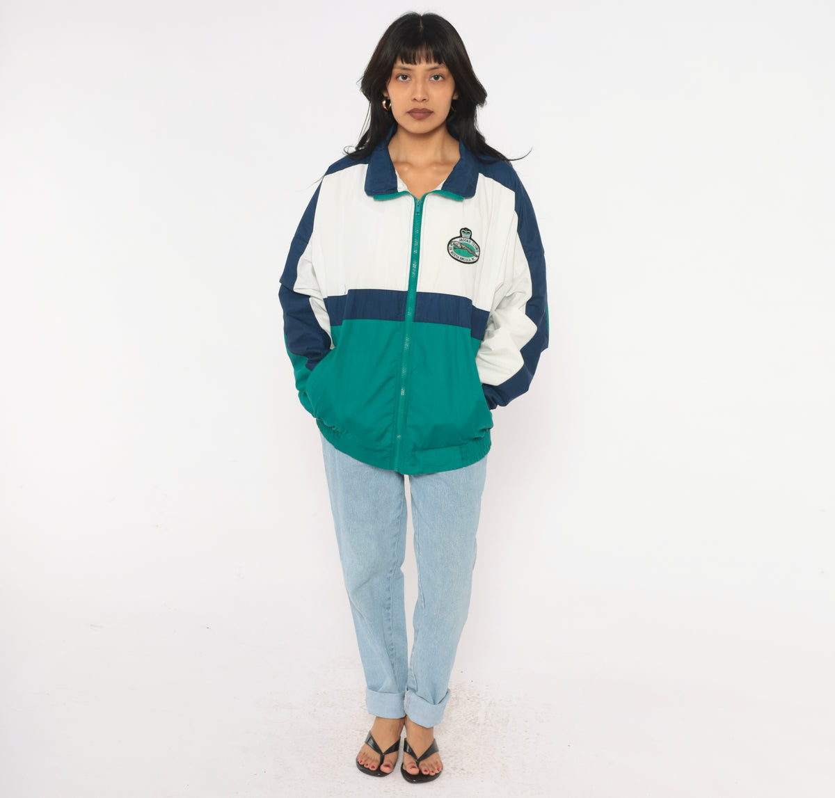 90s Color Block Windbreaker Teal Green Navy Blue Cotton Zip Front Jacket White Bomber Lightweight Sporty Athletic Coat Elastic Hem Embroidered Patch Unisex Large L