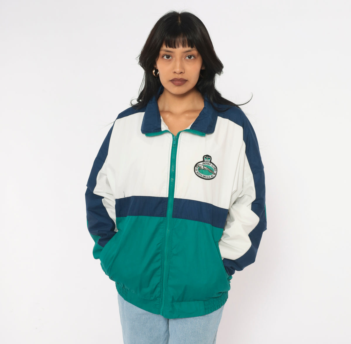 90s Color Block Windbreaker Teal Green Navy Blue Cotton Zip Front Jacket White Bomber Lightweight Sporty Athletic Coat Elastic Hem Embroidered Patch Unisex Large L