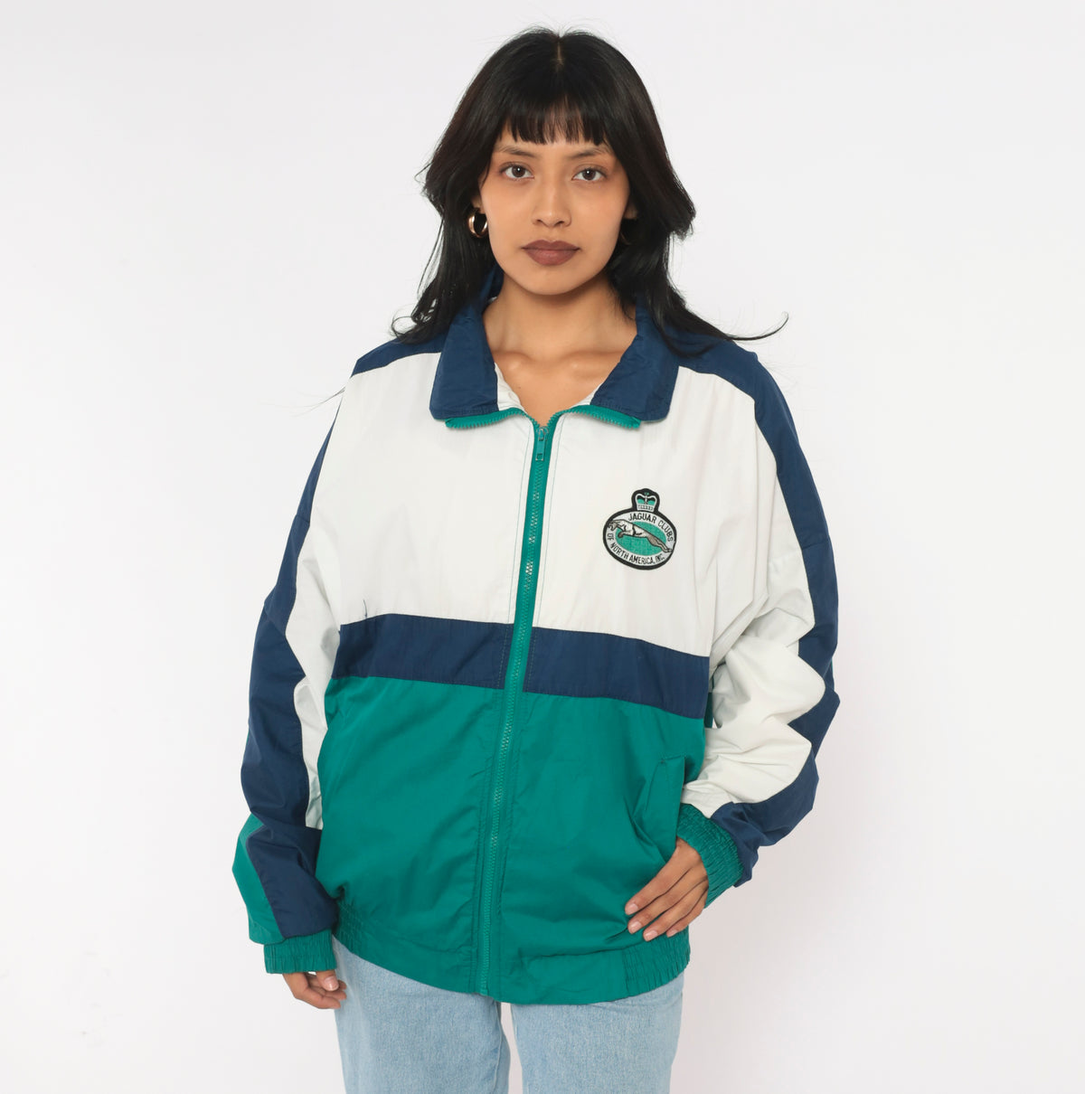 90s Color Block Windbreaker Teal Green Navy Blue Cotton Zip Front Jacket White Bomber Lightweight Sporty Athletic Coat Elastic Hem Embroidered Patch Unisex Large L