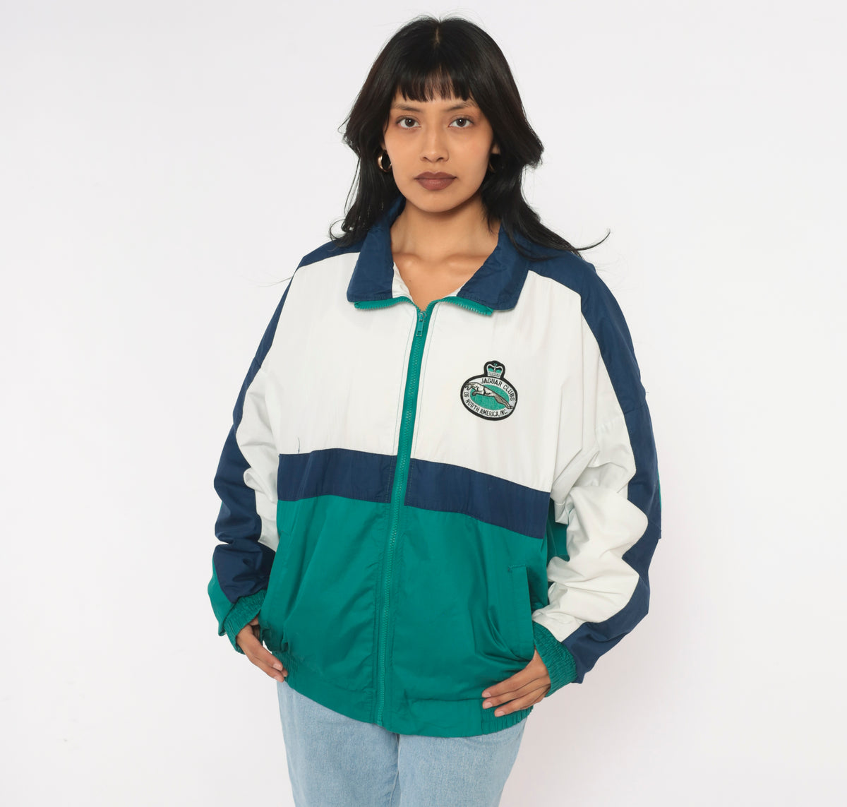 90s Color Block Windbreaker Teal Green Navy Blue Cotton Zip Front Jacket White Bomber Lightweight Sporty Athletic Coat Elastic Hem Embroidered Patch Unisex Large L
