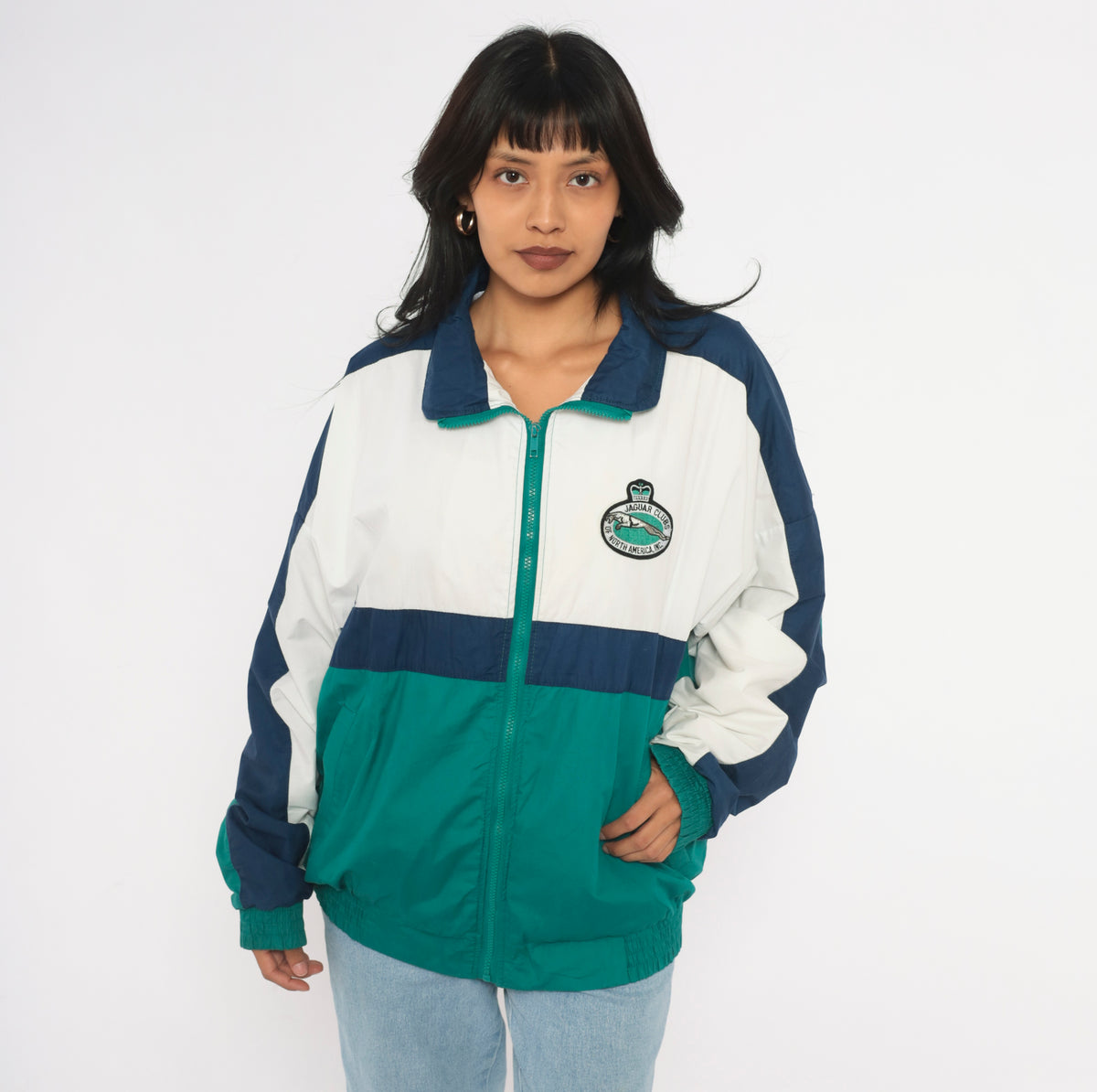 90s Color Block Windbreaker Teal Green Navy Blue Cotton Zip Front Jacket White Bomber Lightweight Sporty Athletic Coat Elastic Hem Embroidered Patch Unisex Large L