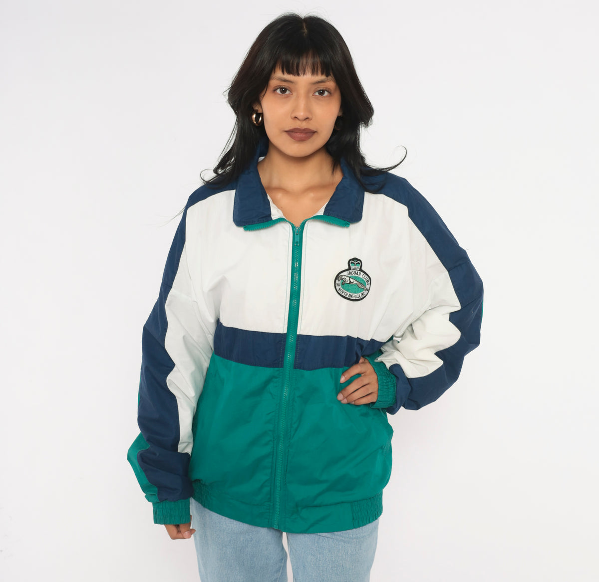90s Color Block Windbreaker Teal Green Navy Blue Cotton Zip Front Jacket White Bomber Lightweight Sporty Athletic Coat Elastic Hem Embroidered Patch Unisex Large L
