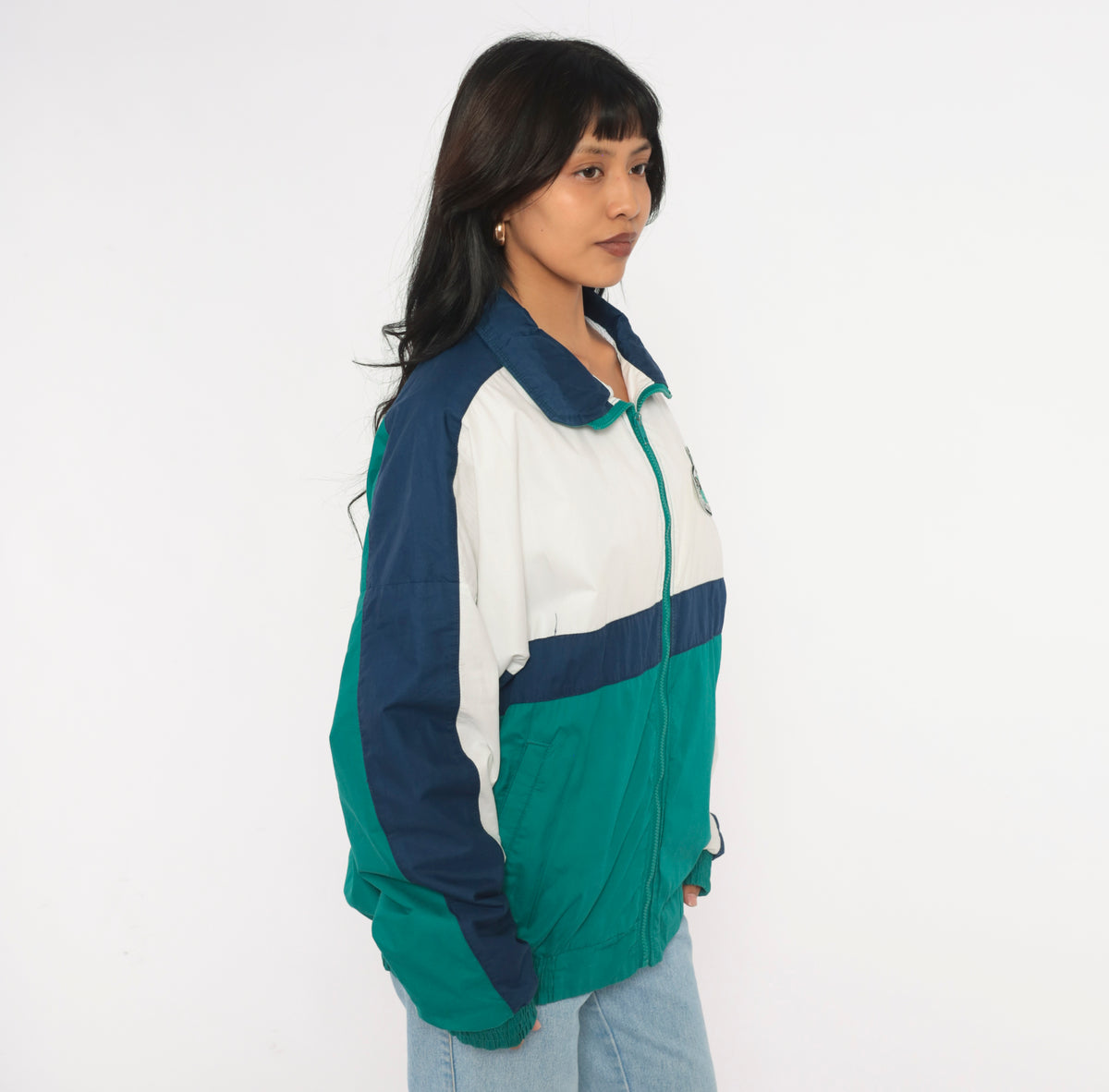 90s Color Block Windbreaker Teal Green Navy Blue Cotton Zip Front Jacket White Bomber Lightweight Sporty Athletic Coat Elastic Hem Embroidered Patch Unisex Large L