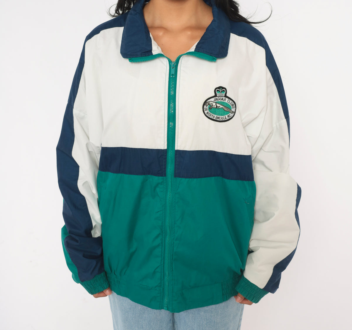 90s Color Block Windbreaker Teal Green Navy Blue Cotton Zip Front Jacket White Bomber Lightweight Sporty Athletic Coat Elastic Hem Embroidered Patch Unisex Large L