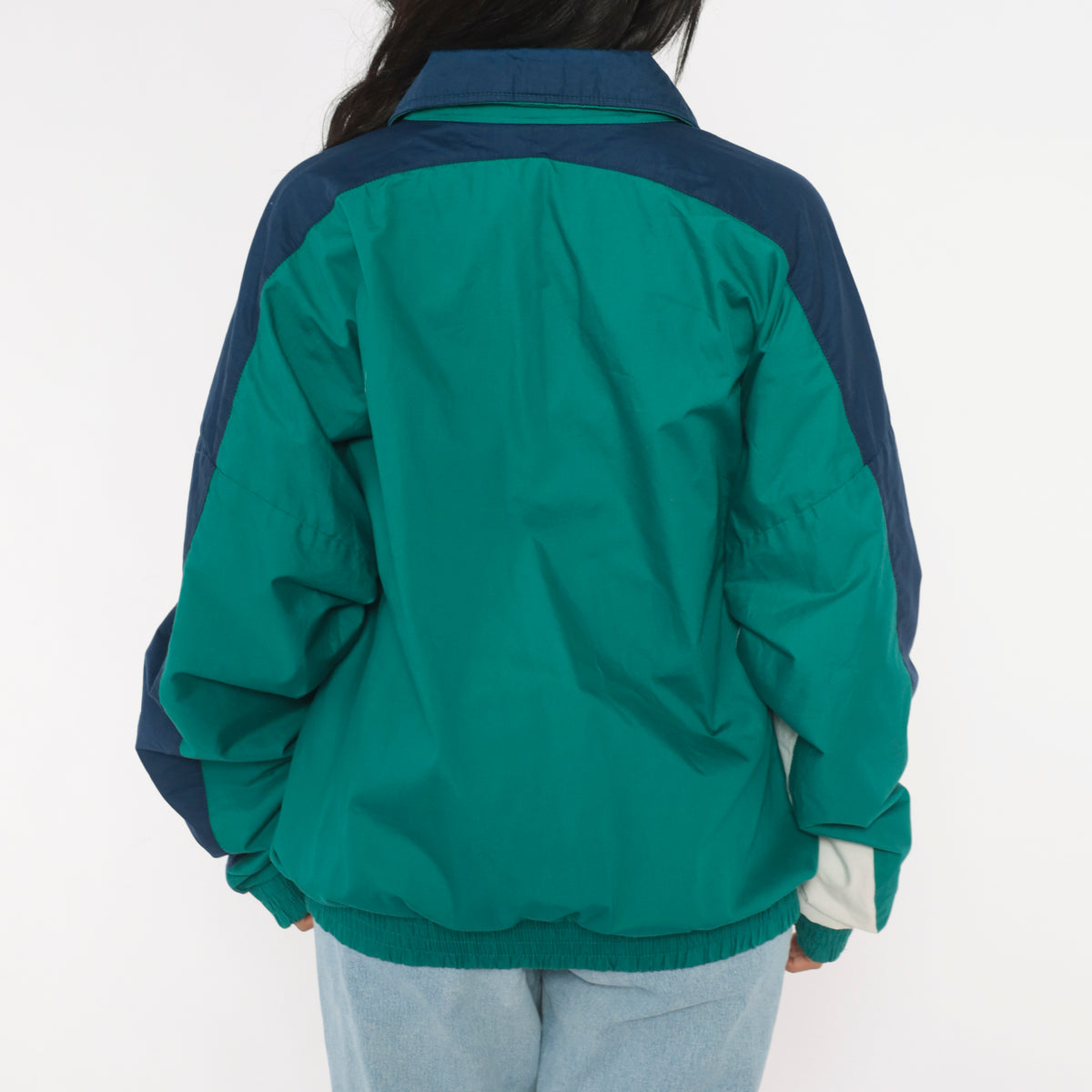 90s Color Block Windbreaker Teal Green Navy Blue Cotton Zip Front Jacket White Bomber Lightweight Sporty Athletic Coat Elastic Hem Embroidered Patch Unisex Large L