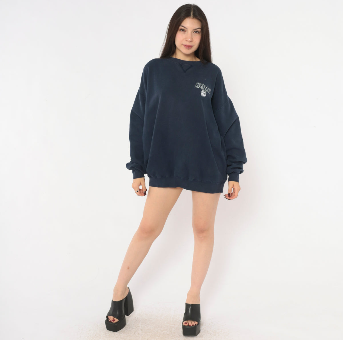 UConn Sweatshirt 90s Navy Blue Crewneck University of Connecticut Husky Embroidered Pullover Gear for Sport Collegiate Preppy Long Sleeve Boxy Unisex Top Large L