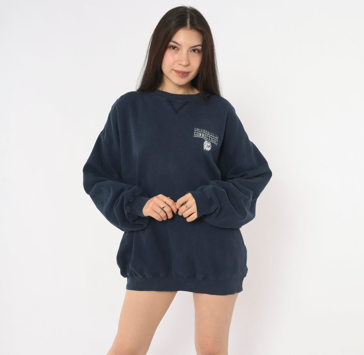 UConn Sweatshirt 90s Navy Blue Crewneck University of Connecticut Husky Embroidered Pullover Gear for Sport Collegiate Preppy Long Sleeve Boxy Unisex Top Large L