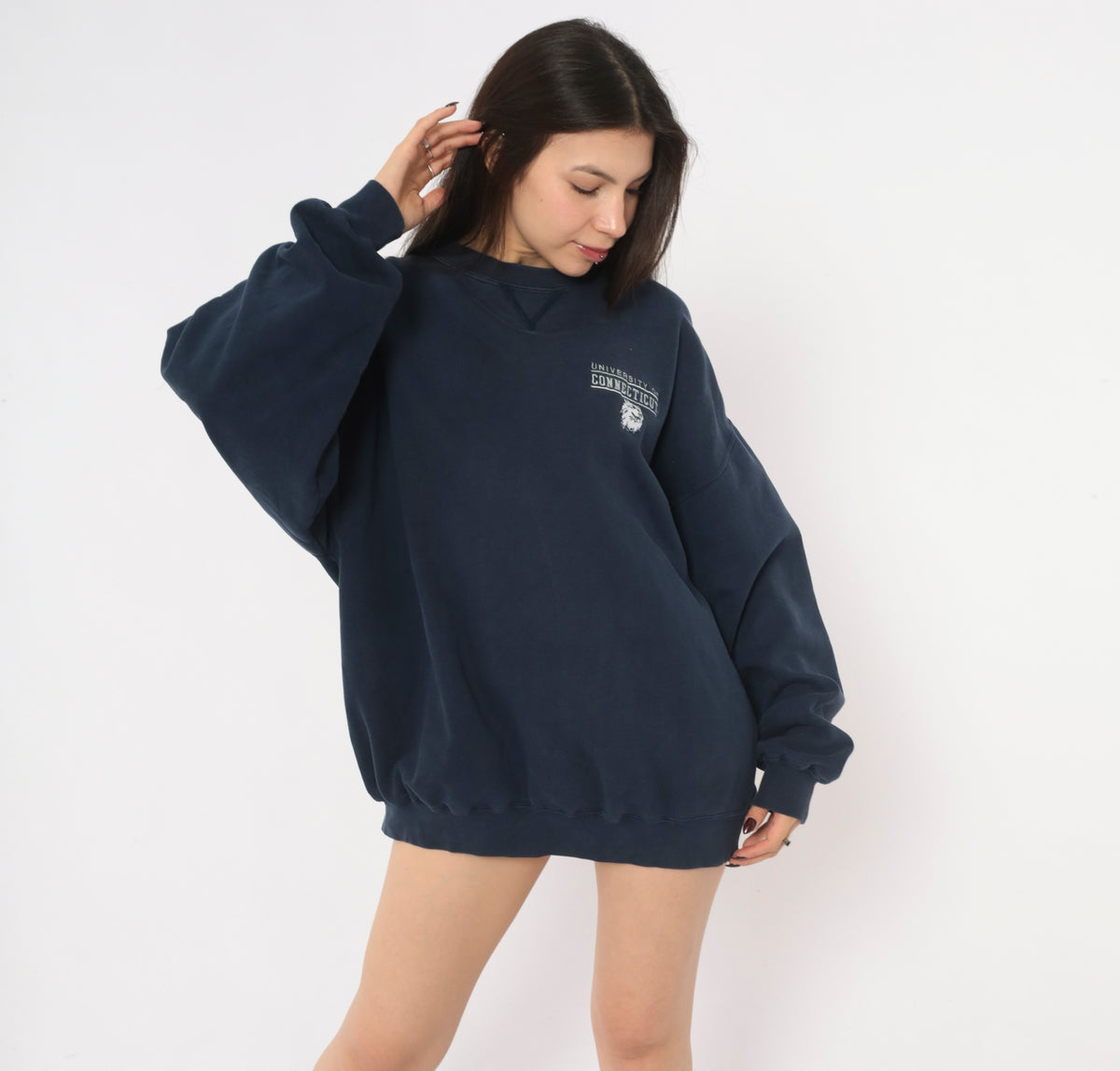 UConn Sweatshirt 90s Navy Blue Crewneck University of Connecticut Husky Embroidered Pullover Gear for Sport Collegiate Preppy Long Sleeve Boxy Unisex Top Large L
