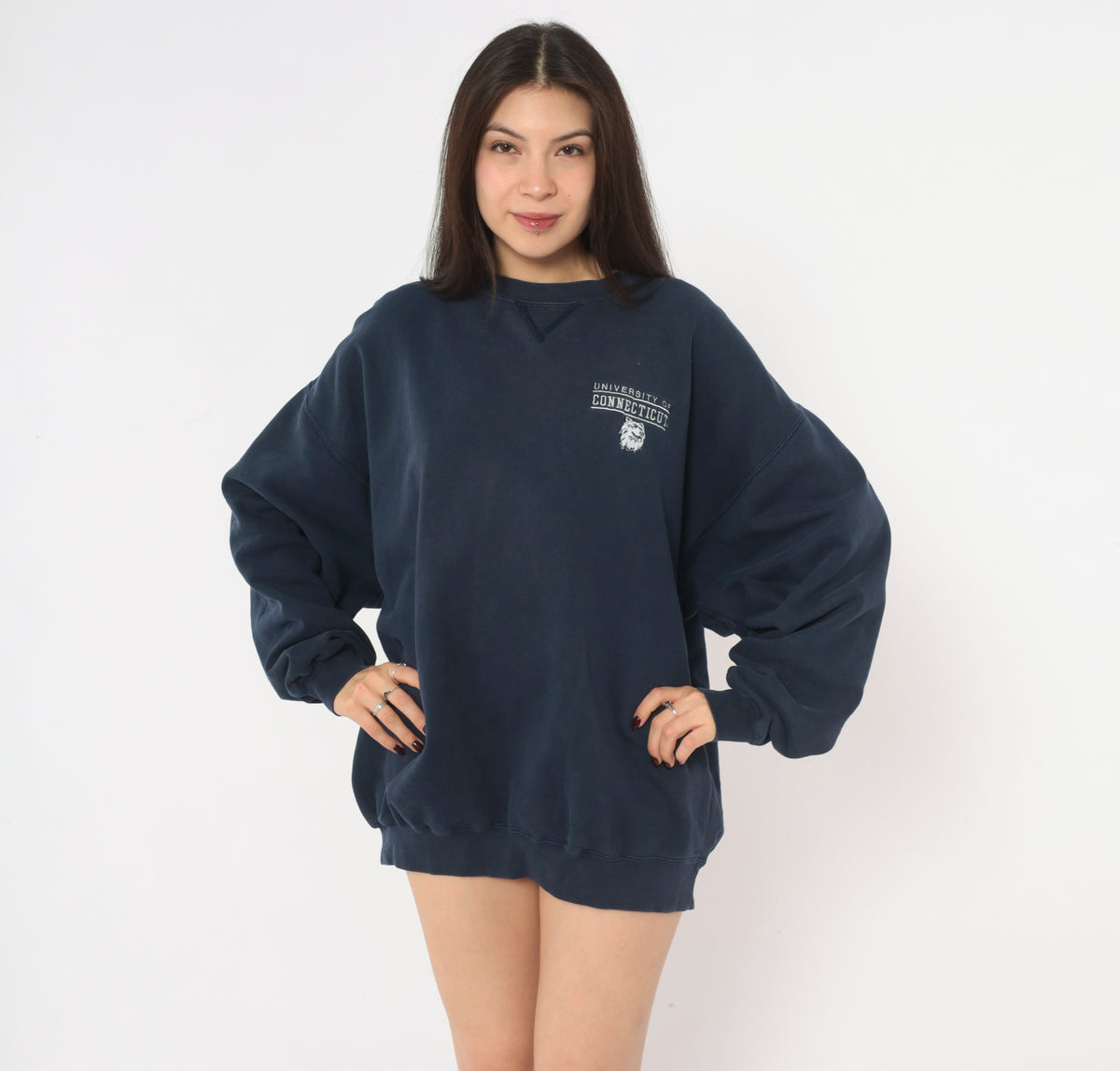 UConn Sweatshirt 90s Navy Blue Crewneck University of Connecticut Husky Embroidered Pullover Gear for Sport Collegiate Preppy Long Sleeve Boxy Unisex Top Large L