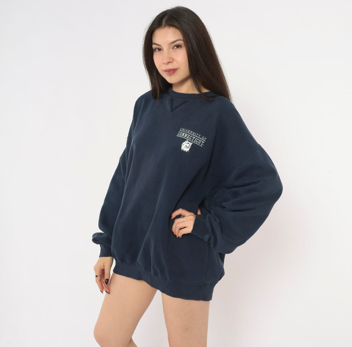 UConn Sweatshirt 90s Navy Blue Crewneck University of Connecticut Husky Embroidered Pullover Gear for Sport Collegiate Preppy Long Sleeve Boxy Unisex Top Large L