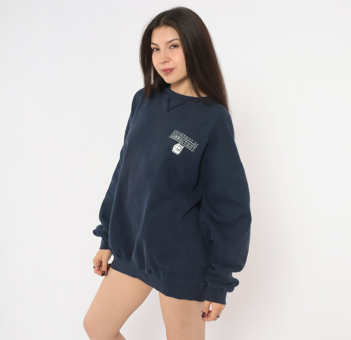 UConn Sweatshirt 90s Navy Blue Crewneck University of Connecticut Husky Embroidered Pullover Gear for Sport Collegiate Preppy Long Sleeve Boxy Unisex Top Large L