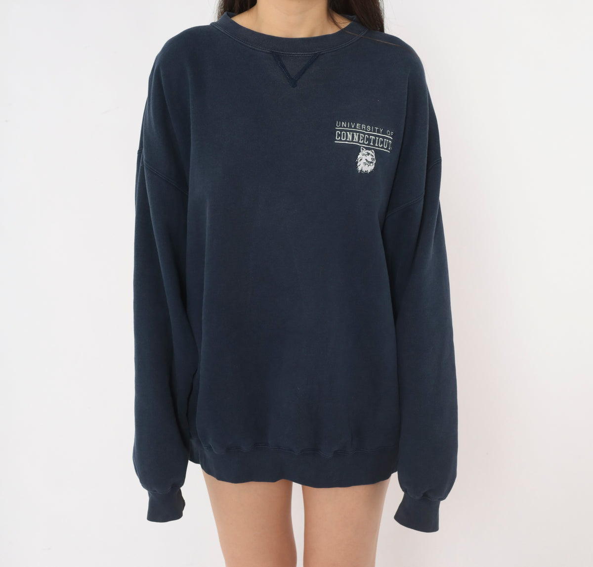 UConn Sweatshirt 90s Navy Blue Crewneck University of Connecticut Husky Embroidered Pullover Gear for Sport Collegiate Preppy Long Sleeve Boxy Unisex Top Large L