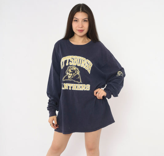 90s Joy Athletic Pittsburgh Panthers Navy Long Sleeve Tee Cotton Extra Large XL