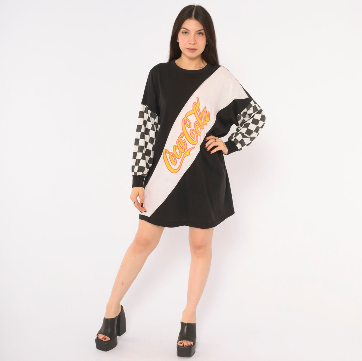 80s Coca-Cola Graphic Tee Black White Checker Print Long Sleeve Cotton T Shirt Color Block Diagonal Logo Crew Neck Boxy Race Flag Tunic Top Soda Pop Medium M