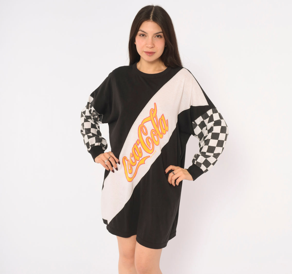 80s Coca-Cola Graphic Tee Black White Checker Print Long Sleeve Cotton T Shirt Color Block Diagonal Logo Crew Neck Boxy Race Flag Tunic Top Soda Pop Medium M