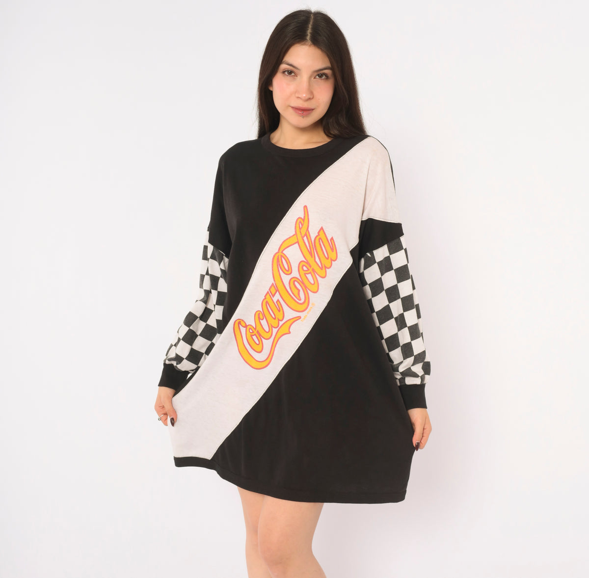 80s Coca-Cola Graphic Tee Black White Checker Print Long Sleeve Cotton T Shirt Color Block Diagonal Logo Crew Neck Boxy Race Flag Tunic Top Soda Pop Medium M