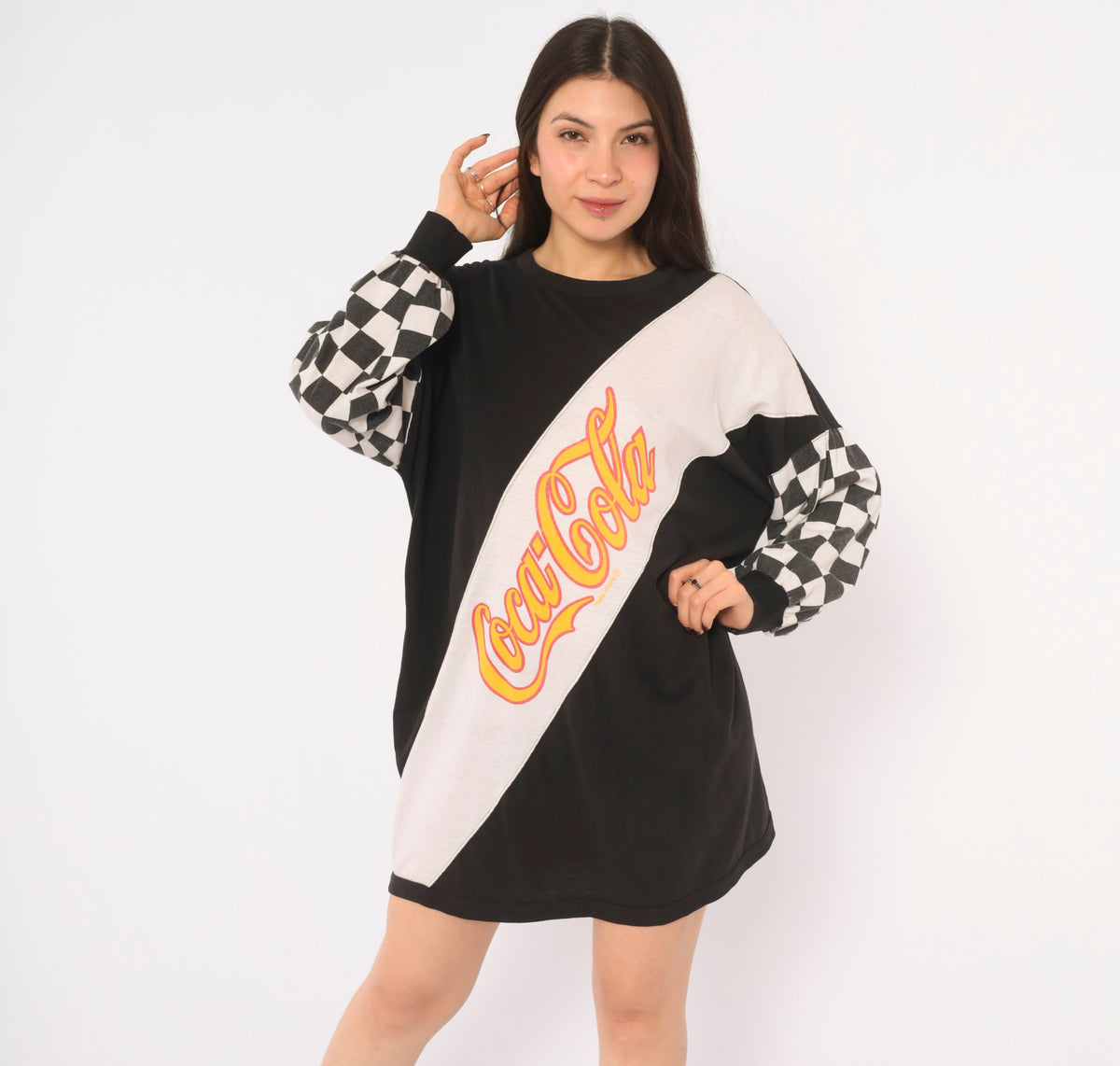 80s Coca-Cola Graphic Tee Black White Checker Print Long Sleeve Cotton T Shirt Color Block Diagonal Logo Crew Neck Boxy Race Flag Tunic Top Soda Pop Medium M