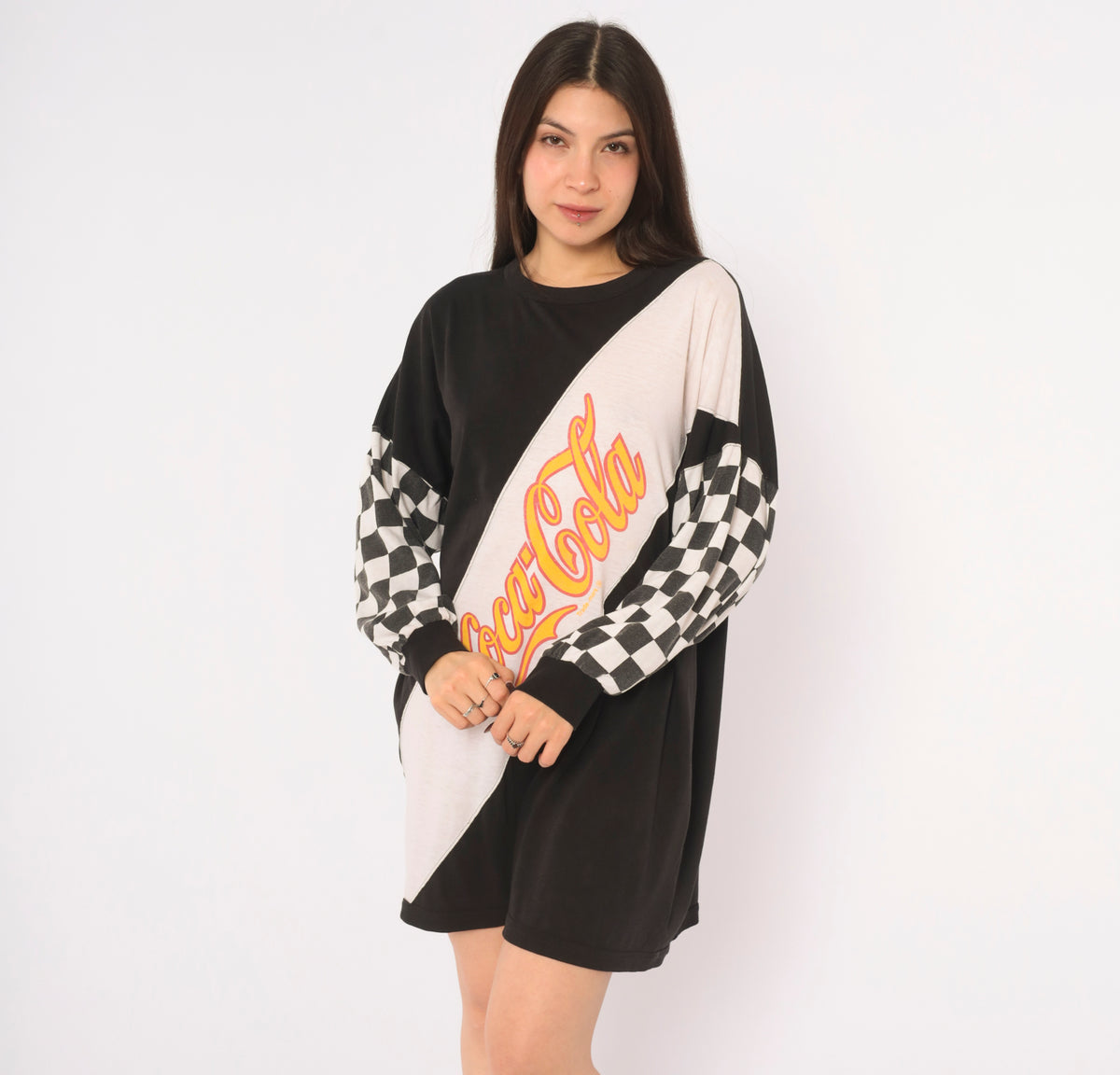 80s Coca-Cola Graphic Tee Black White Checker Print Long Sleeve Cotton T Shirt Color Block Diagonal Logo Crew Neck Boxy Race Flag Tunic Top Soda Pop Medium M